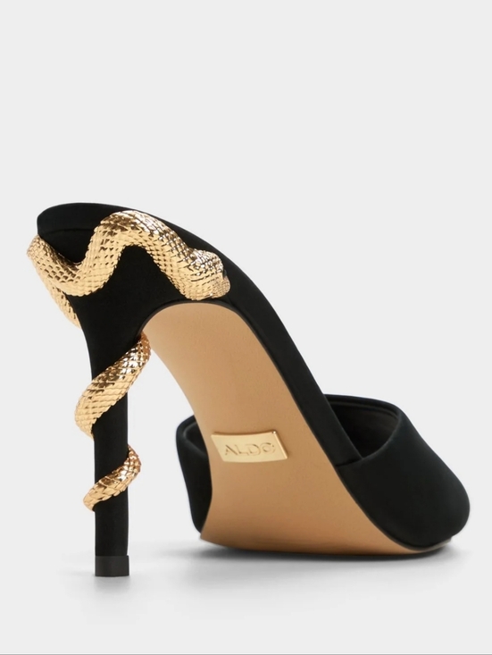 Aldo Shoes - Aldo Seashella Slip On Stiletto Heels Mule Sandals Black Suede Gold Snake 6